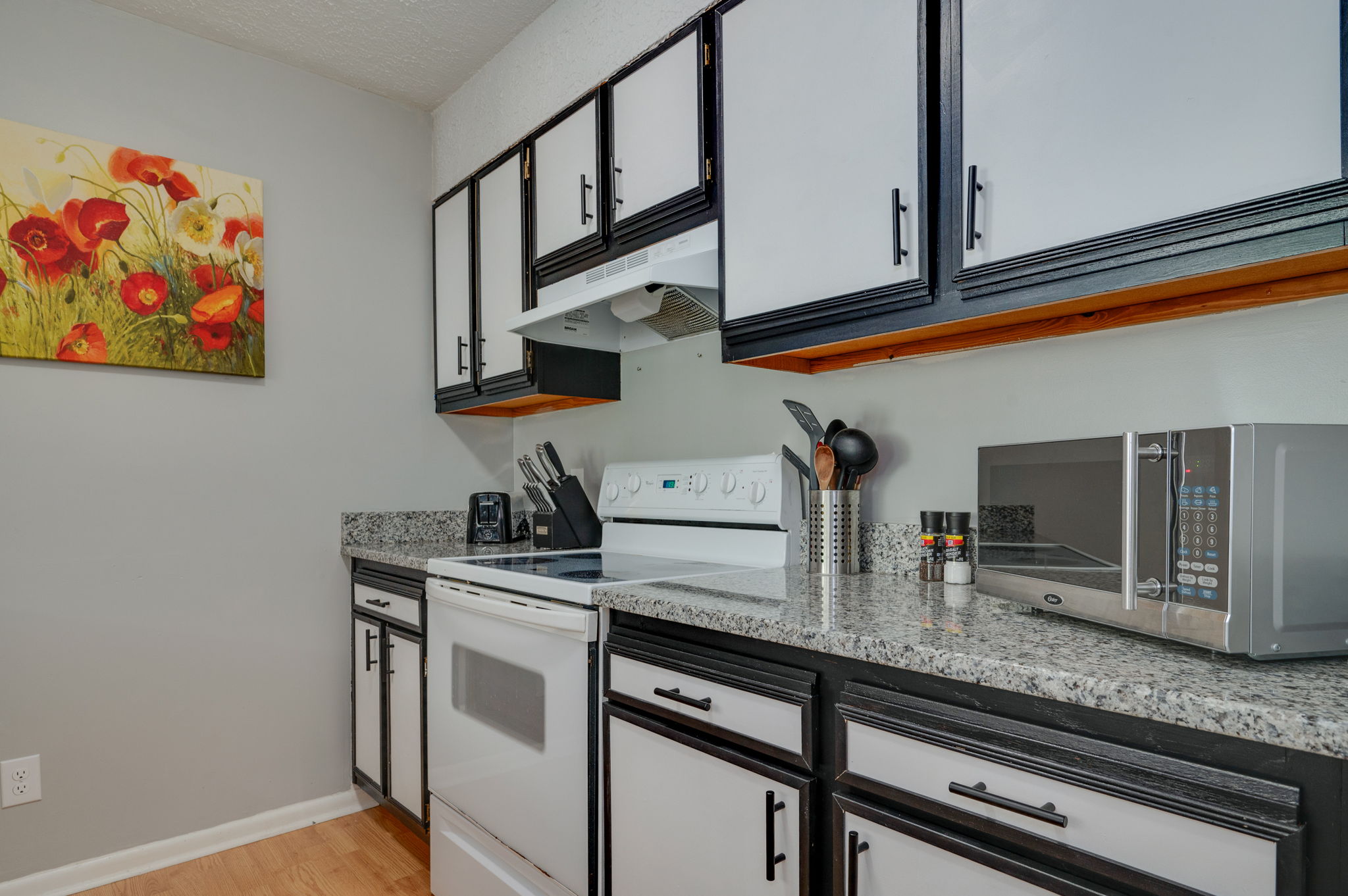 Kitchen close-up featuring granite countertops and modern appliances