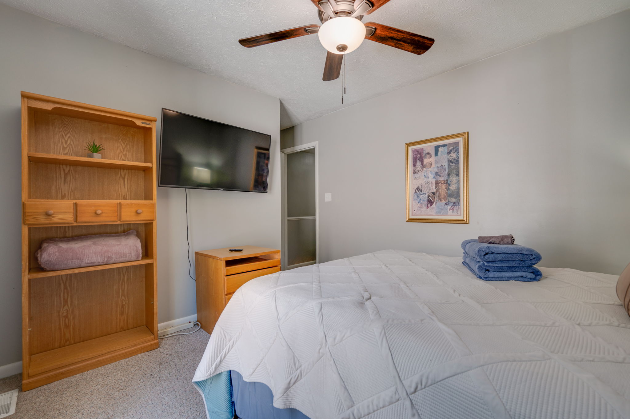 Master bedroom view featuring TV and wooden bookshelf