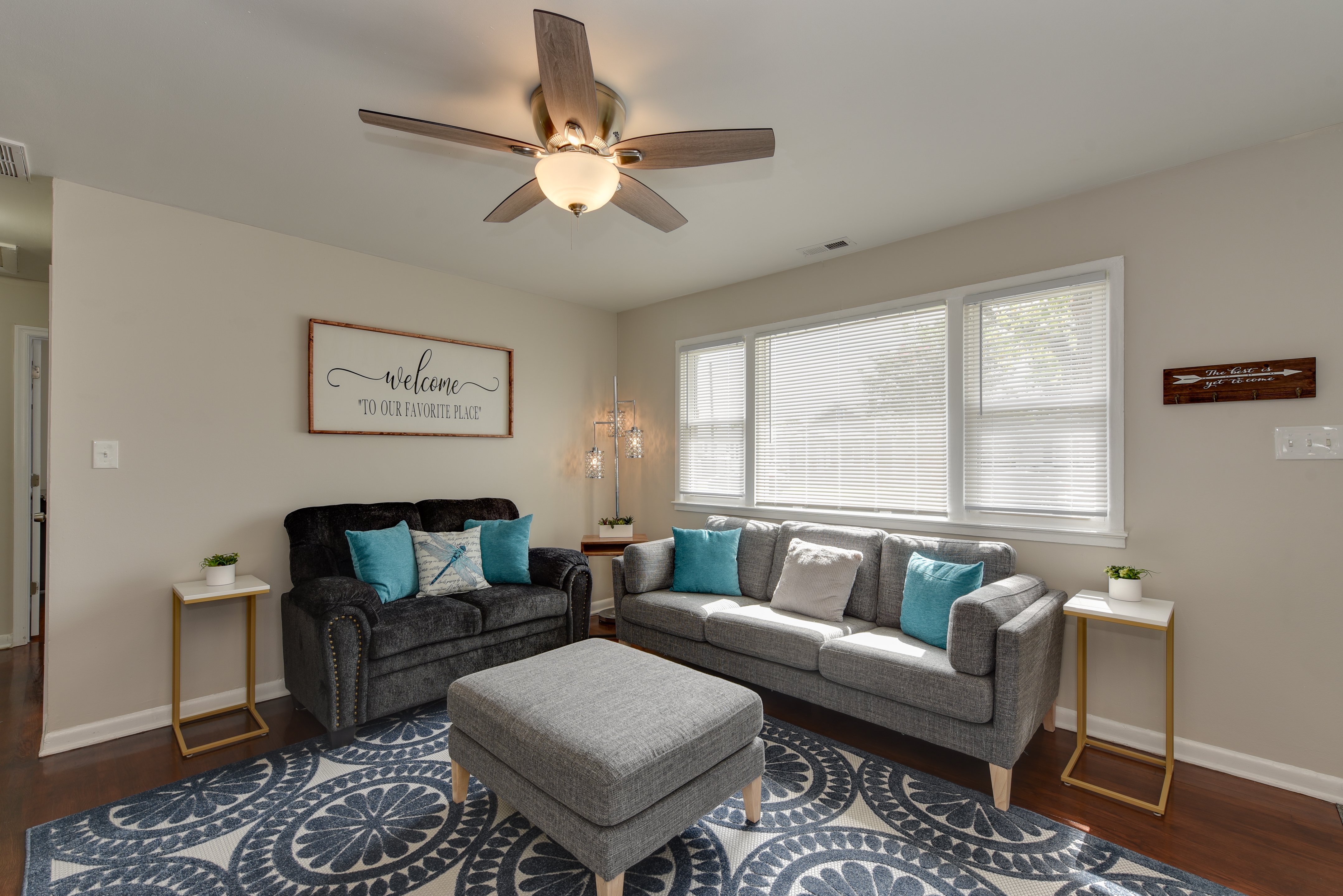 Cozy living room with stylish decor and blue accent pillows