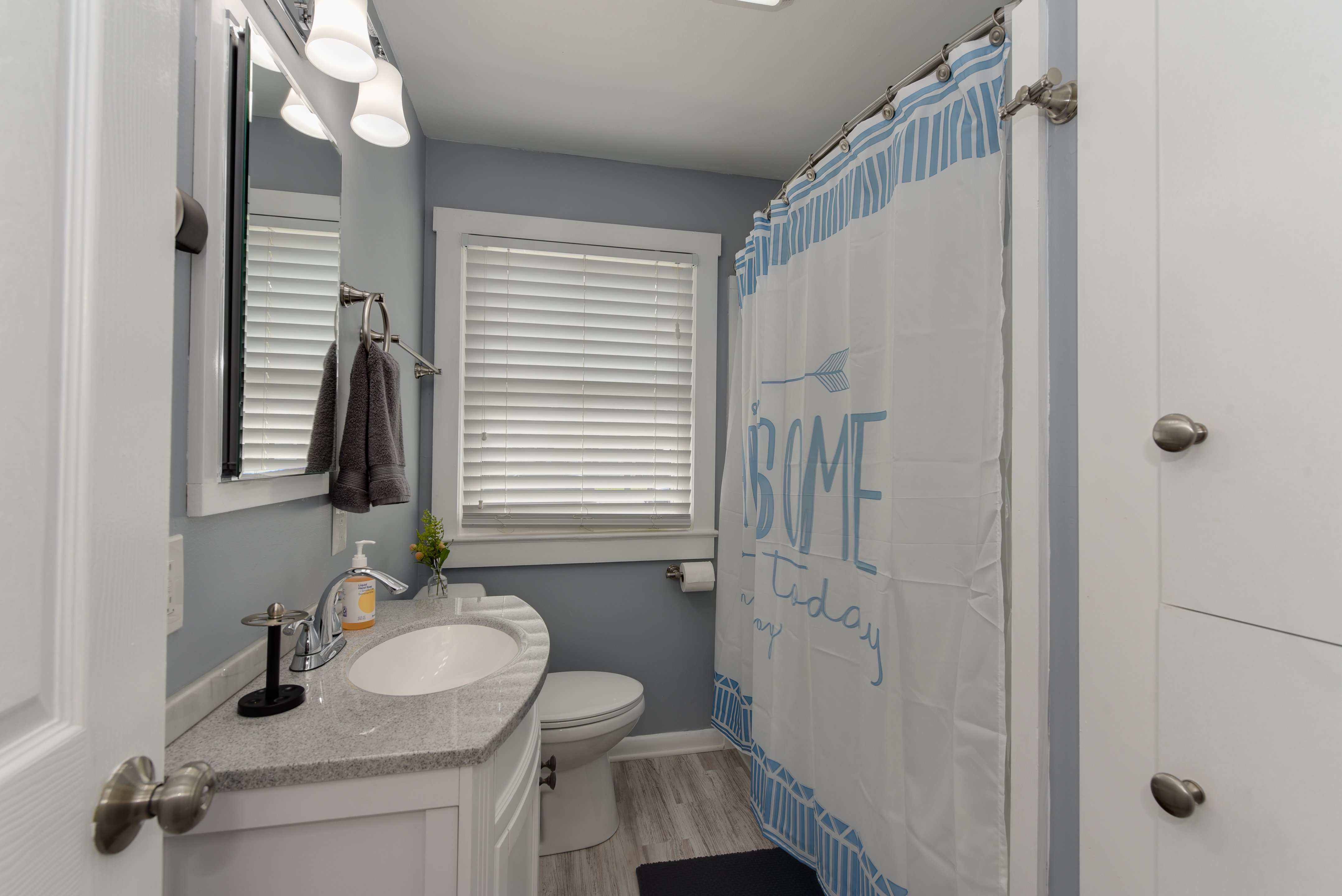Well-lit bathroom with a modern vanity and shower curtain