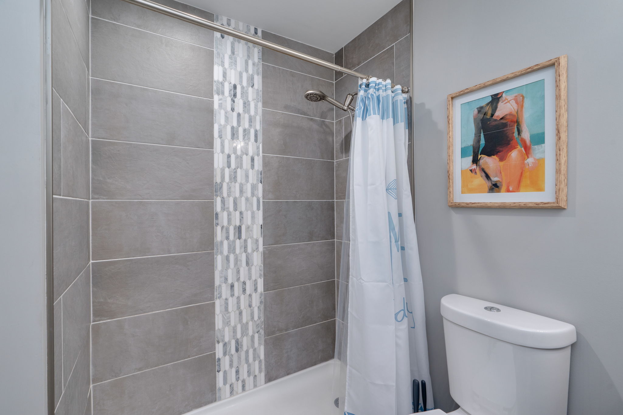 Bathroom with a modern tiled shower, white toilet, and framed artwork.